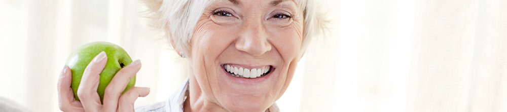 Happy Old Woman Nice Teeth Holding A Green Apple